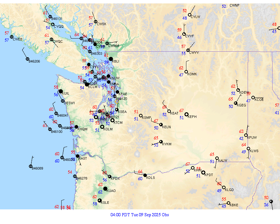 Washington surface weather observations from 20250909