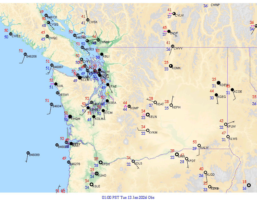 Washington surface weather observations from 20260113