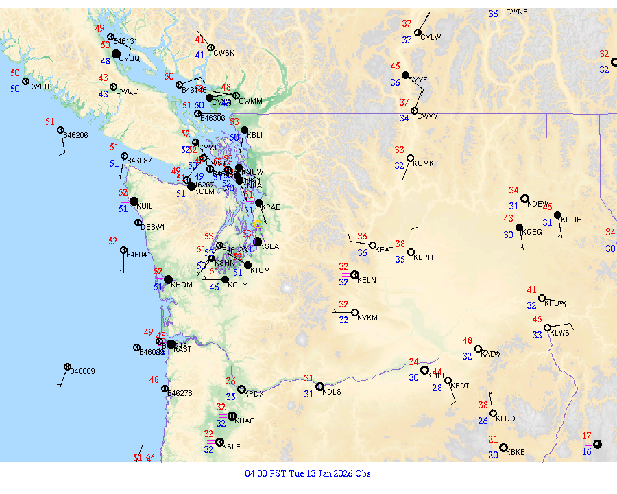 Washington surface weather observations from 20260113