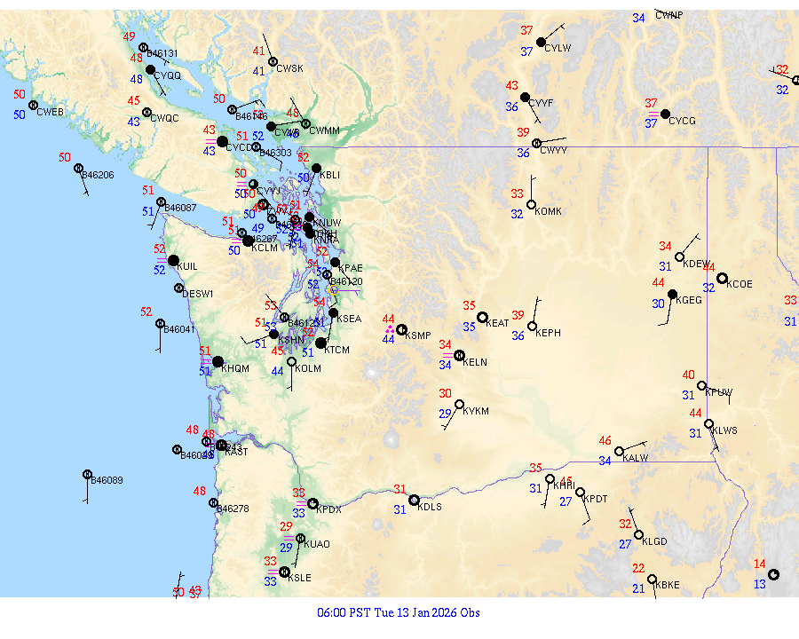 Washington surface weather observations from 20260113