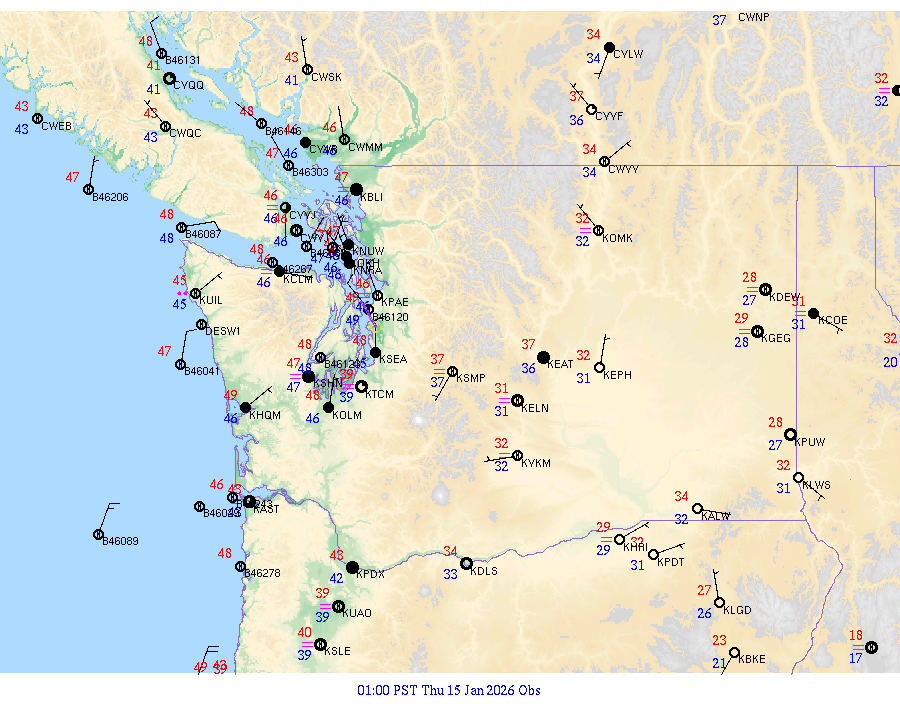 Washington surface weather observations from 20260115