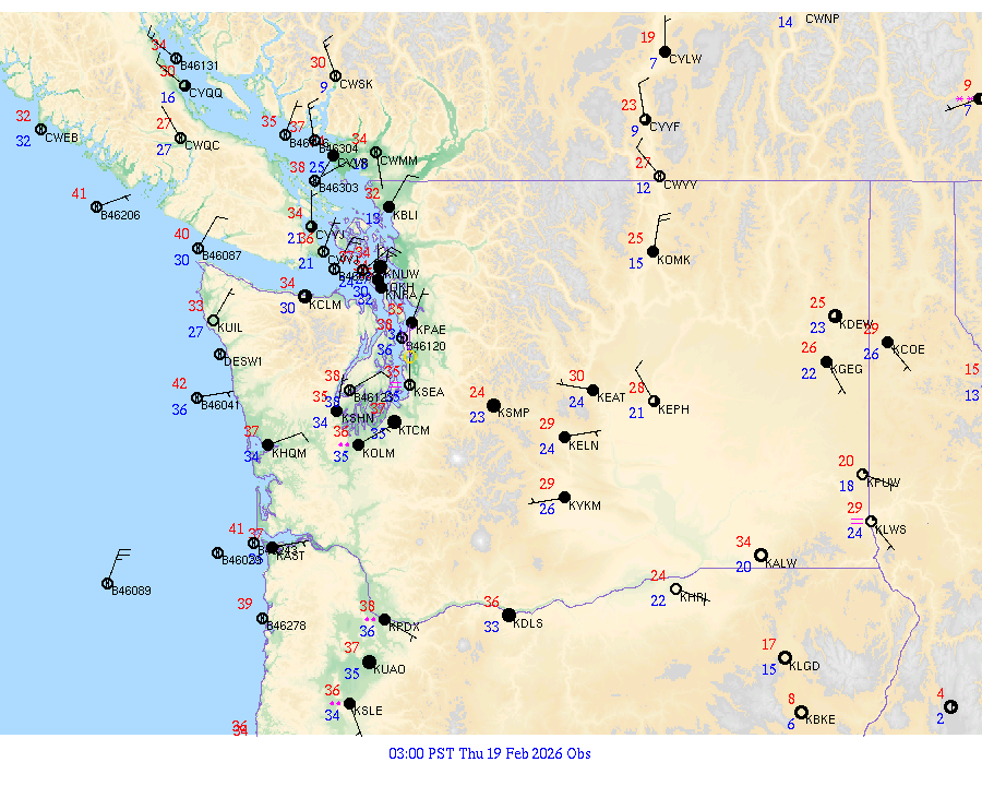 Washington surface weather observations from 20260219