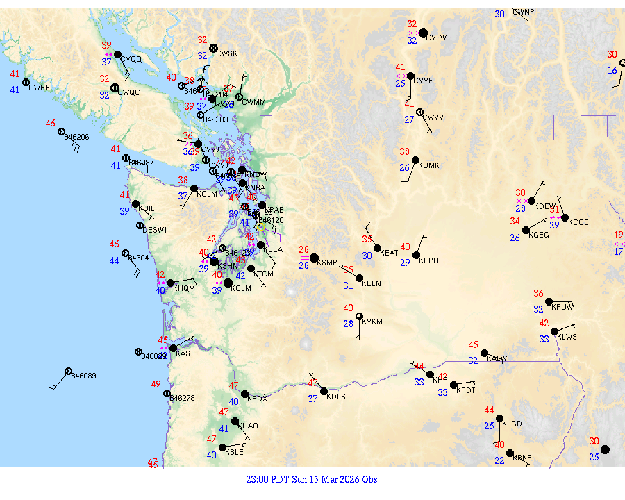Washington surface weather observations from 20260316