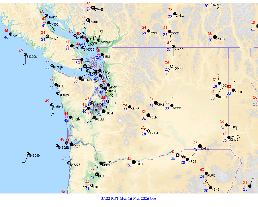 Washington surface weather observations from 20260316