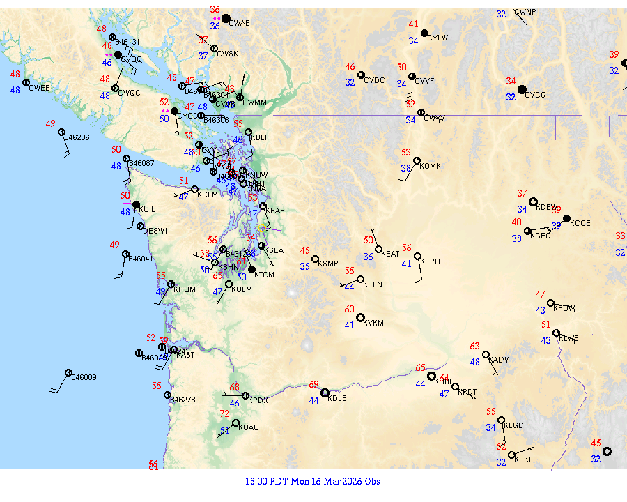 Washington surface weather observations from 20260317