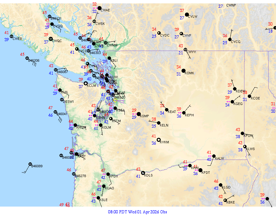 Washington surface weather observations from 20260401