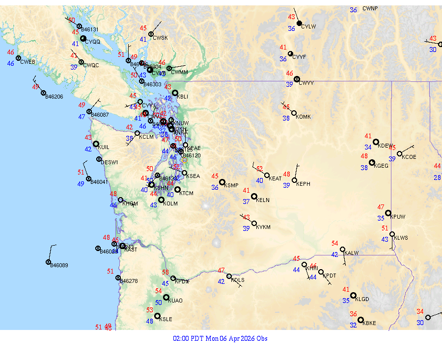 Washington surface weather observations from 20260406