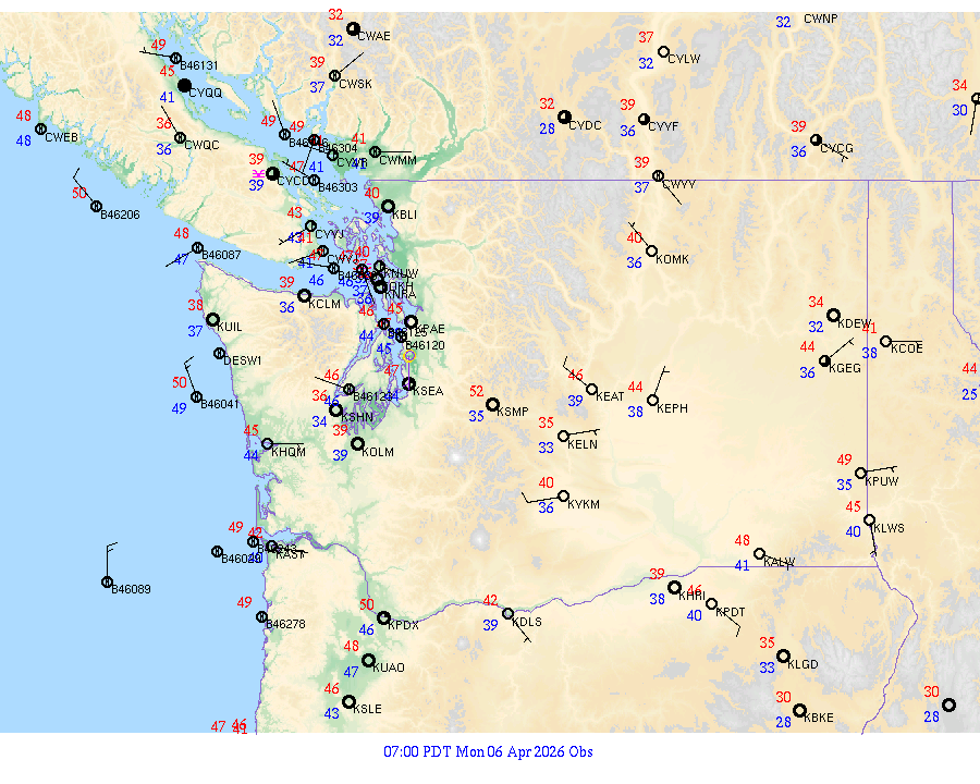 Washington surface weather observations from 20260406