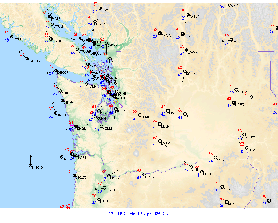 Washington surface weather observations from 20260406