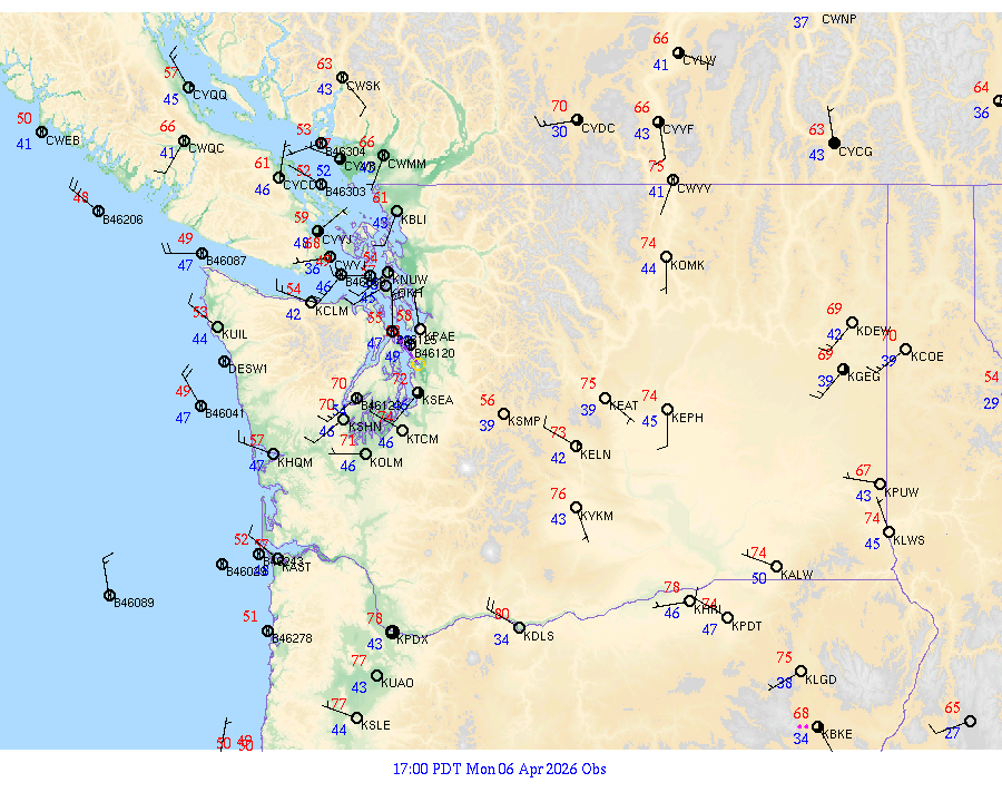 Washington surface weather observations from 20260407