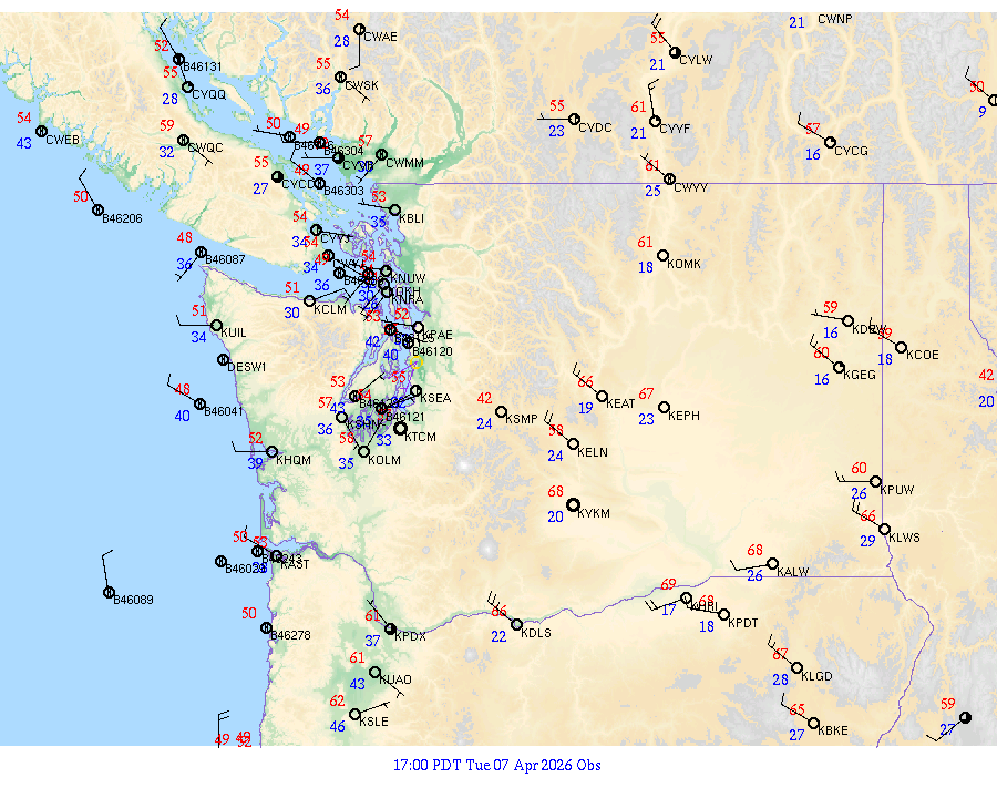 Washington surface weather observations from 20260408