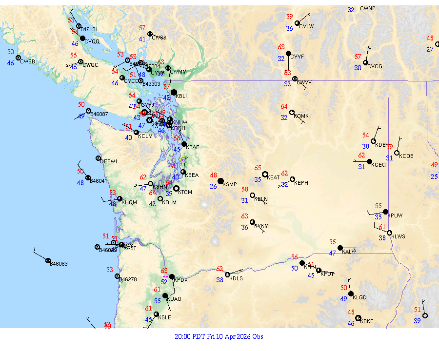 Washington surface weather observations from 20260411