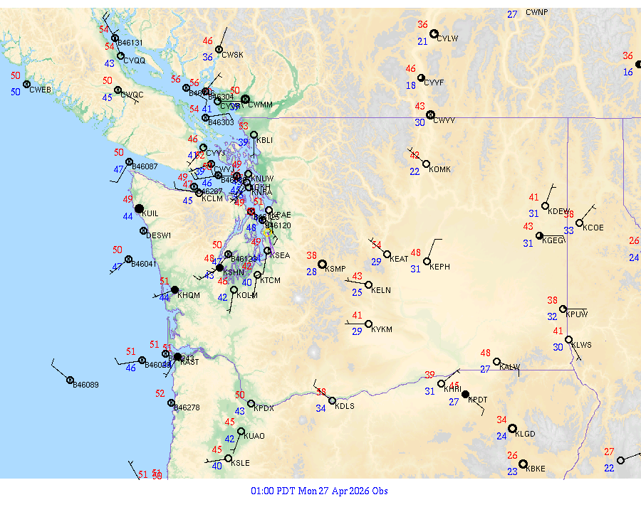 Washington surface weather observations from 20260427