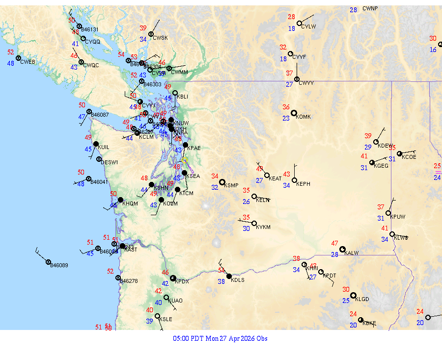 Washington surface weather observations from 20260427
