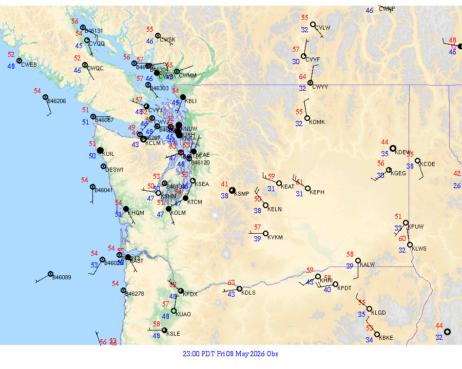 Washington surface weather observations from 20260509
