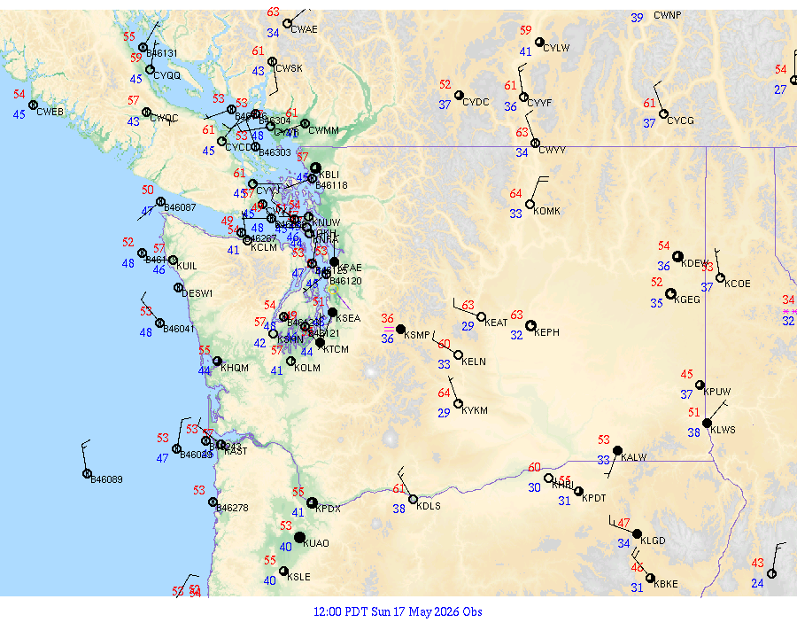 Washington surface weather observations from 20260517