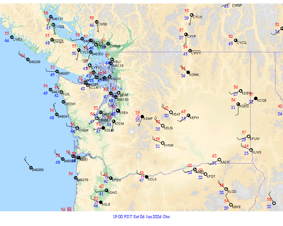 Washington surface weather observations from 20260607
