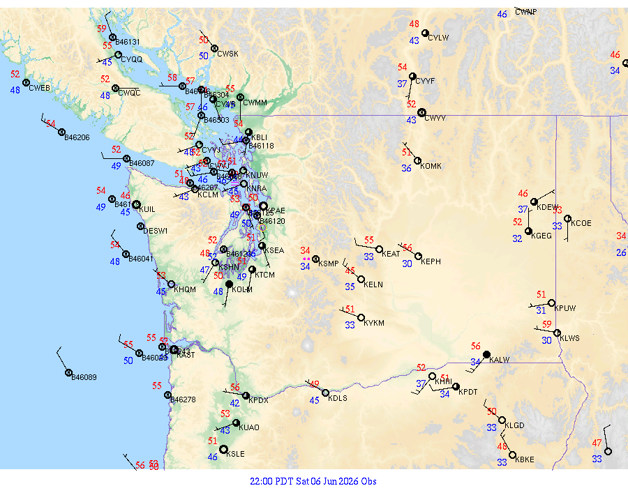 Washington surface weather observations from 20260607