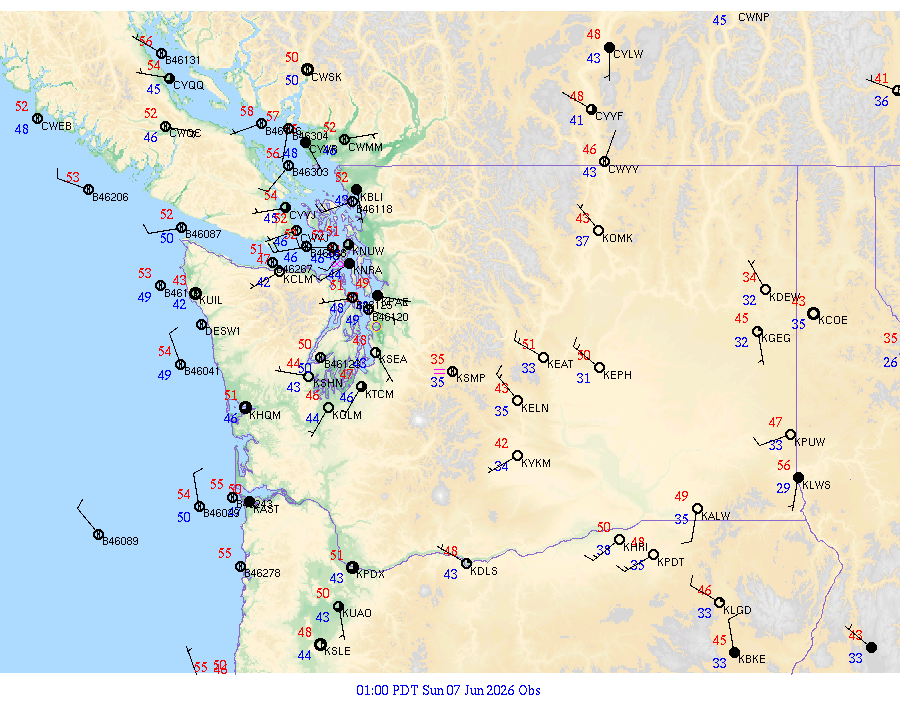 Washington surface weather observations from 20260607