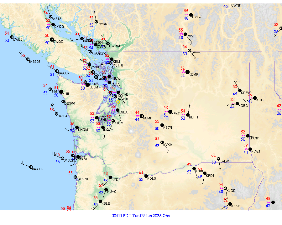 Washington surface weather observations from 20260609