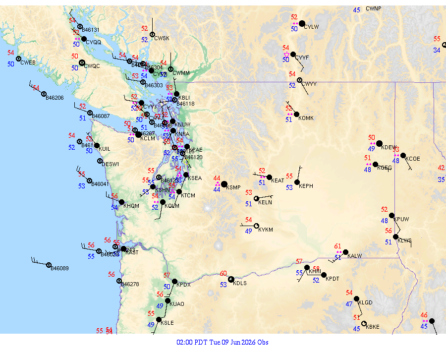 Washington surface weather observations from 20260609