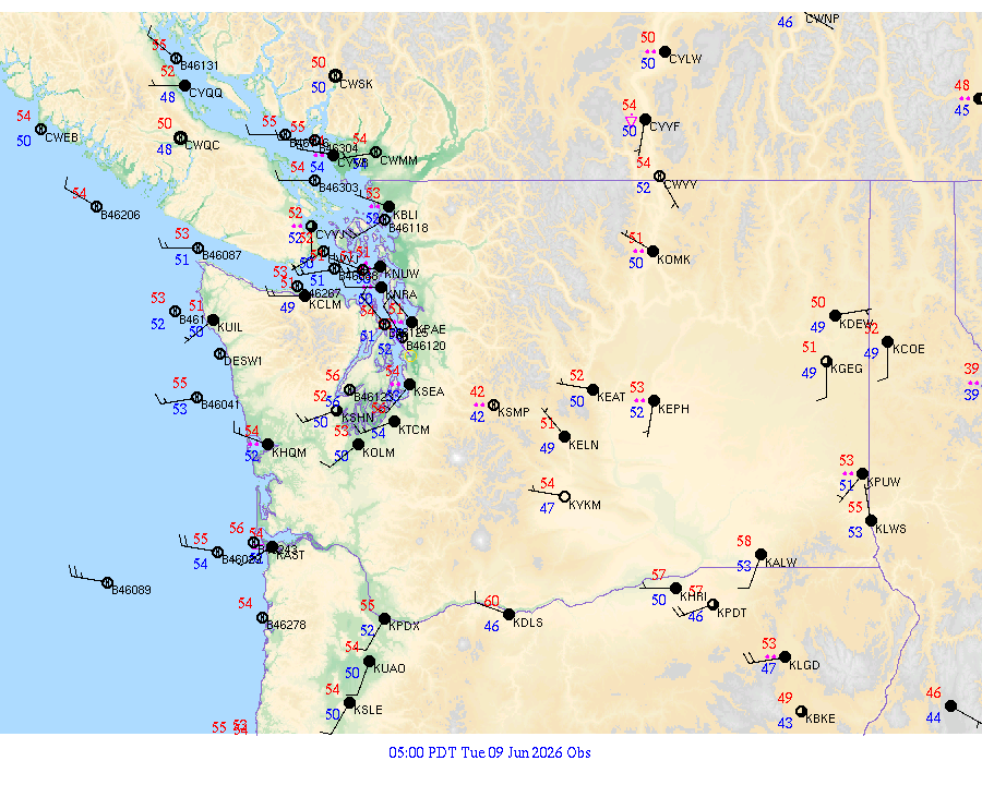 Washington surface weather observations from 20260609