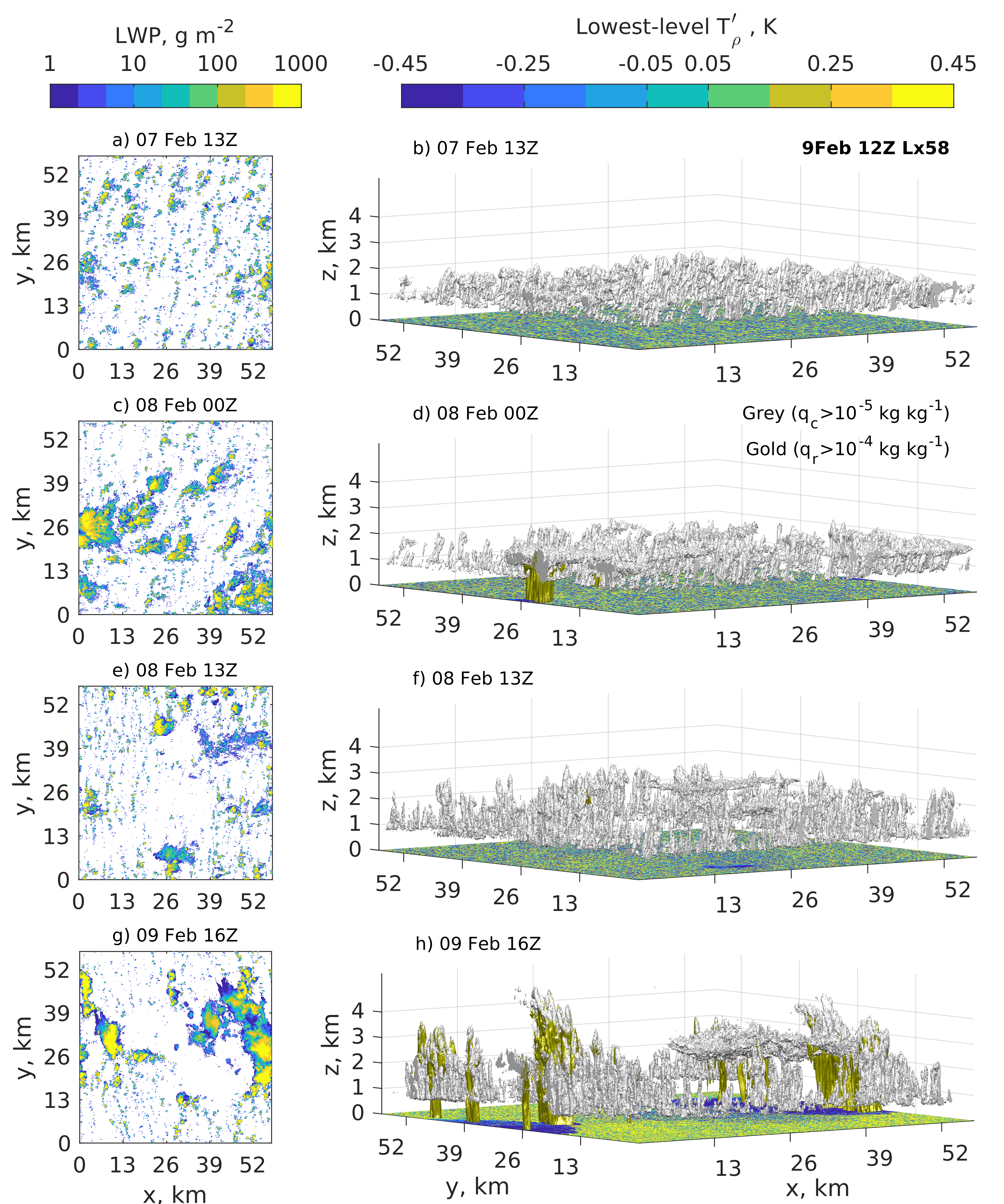 Visualizations of spatial distribution of cloud and
		precipitation in SAM simulations along the trajectory
	   that arrives in the HALO circle at 12 UTC on 9 February 2020 near Barbados.