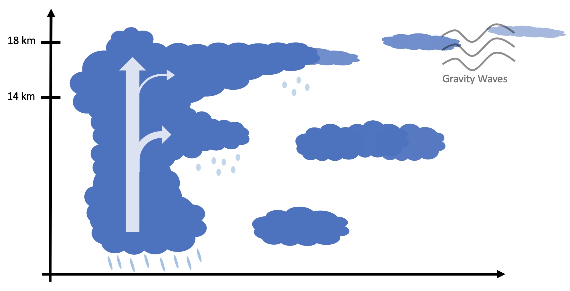 schematic of tropical anvil cloud with TTL cirrus further from convection induced via gravity waves
